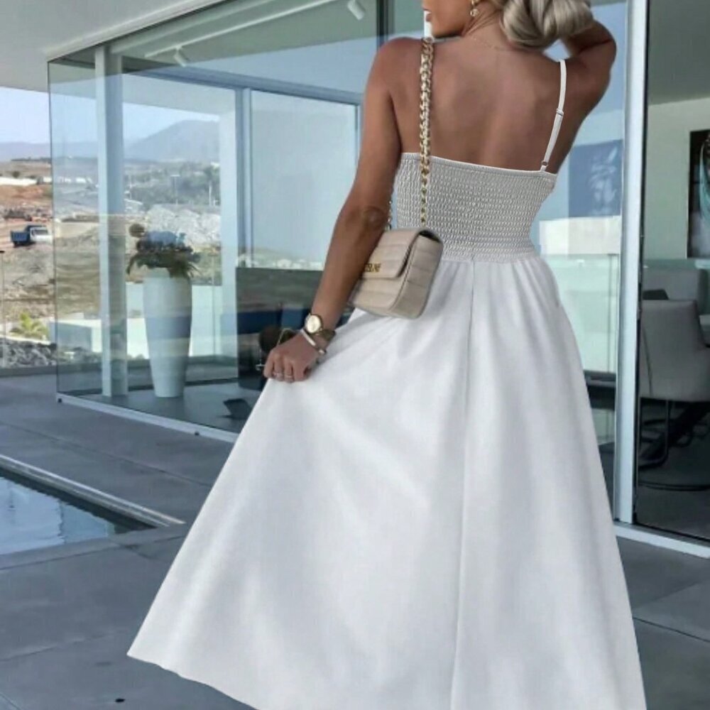 White Preppy Women's Solid Color Sleeveless Split Dress - Picture 2 of 4